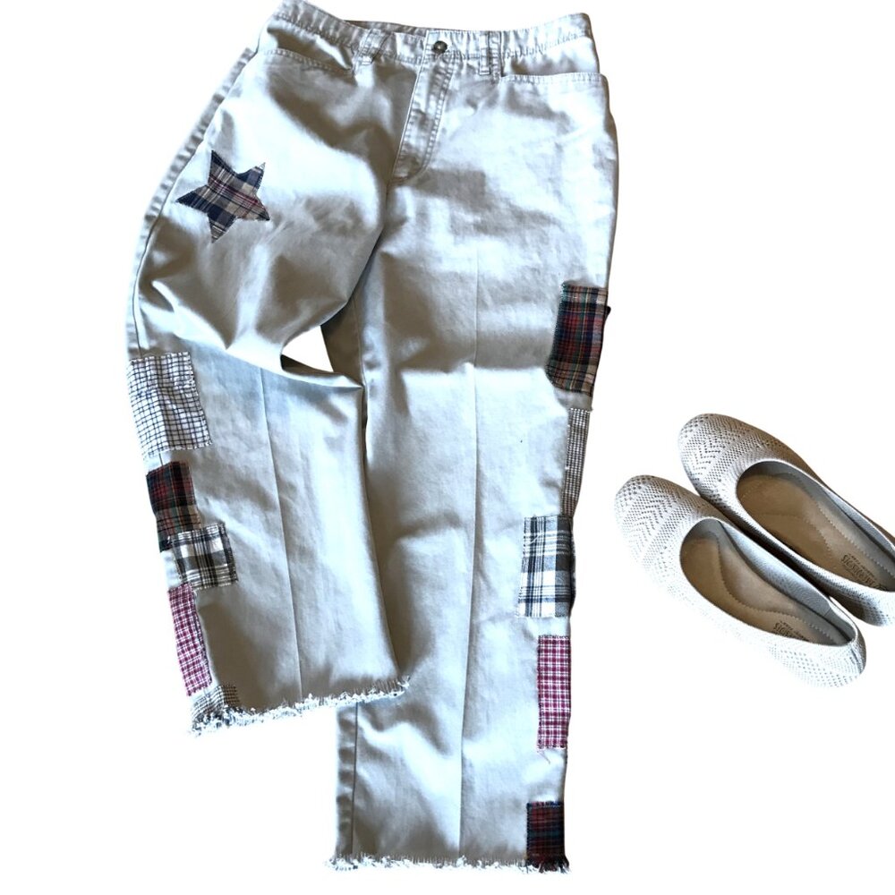 Upcycled Cropped Boho Patchwork Khaki Pants, Travel Leisure Women's Size 10